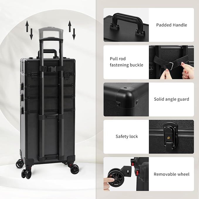Rolling Makeup Train Case with Lid Cosmetology Case on Wheels | 5 in 1 Large Cosmetic Trolley Organizer Travel for Hairstylist Artist Nail Beauty Salon Barber Cart Trunk, Black - Image 4