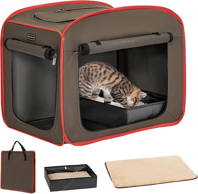 Petsfit Portable Cat Crate with Litter Box and Soft Cushion, Collapsible Pop Up Cat Kennel with Carrying Bag for Travel by Petsfit