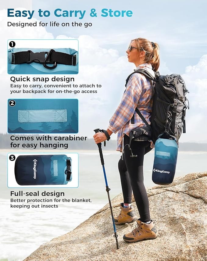 KingCamp Ultralight Camping Blanket, Packable Down Alternative Puffy Printed Wearable Blanket with Snap Buttons & Corner Loops Weatherproof Quilt for Outdoor Travel Stadium (78.7"L x 57.1”W, CYAN) - Image 7