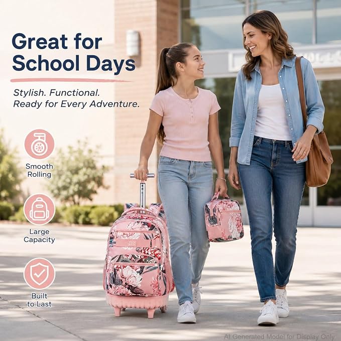 3Pcs Rolling Backpack for Girls Women, 19 Inche Adults Roller Bag with Wheels, Flower Wheeled Bookbag with Lunch Box(Pink) - Image 7