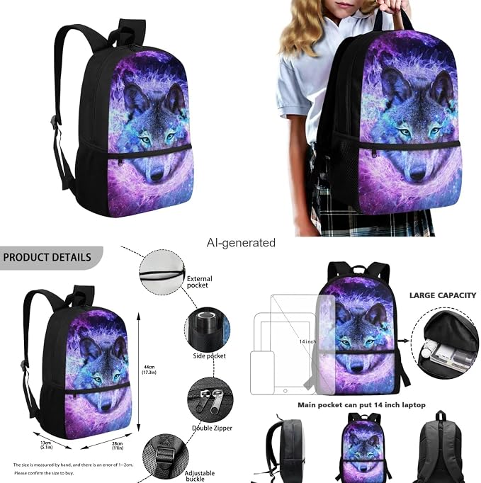 Galaxy Wolf Backpack for Girls Kids Backpack with Lunch Box Water Bottle Bag and Soft Pencil Case 4PCS Set Bookbag with Front Pocket for School 17" Large Capacity School Bag with Side Pocket - Image 3