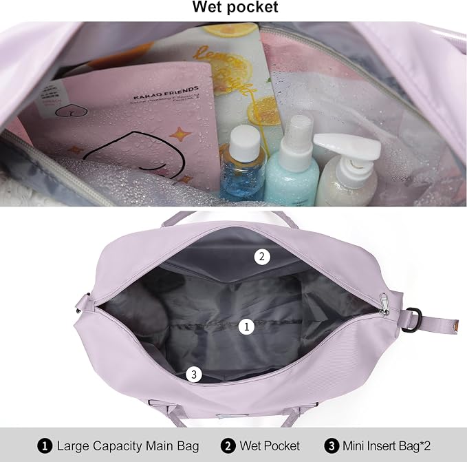 Travel Duffel Bags for Women,Weekender Overnight Bag with Wet Pocket & Toiletry Bag,Carry On Personal Item,Light Purple - Image 5