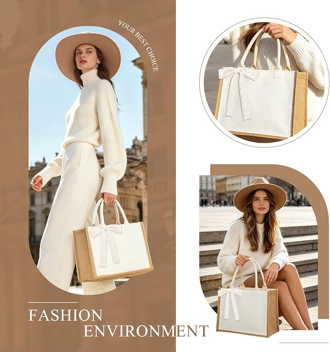 Burlap Tote Bag Set with Ribbon, Reusable Blank Water Resistant Grocery Bags - Image 5