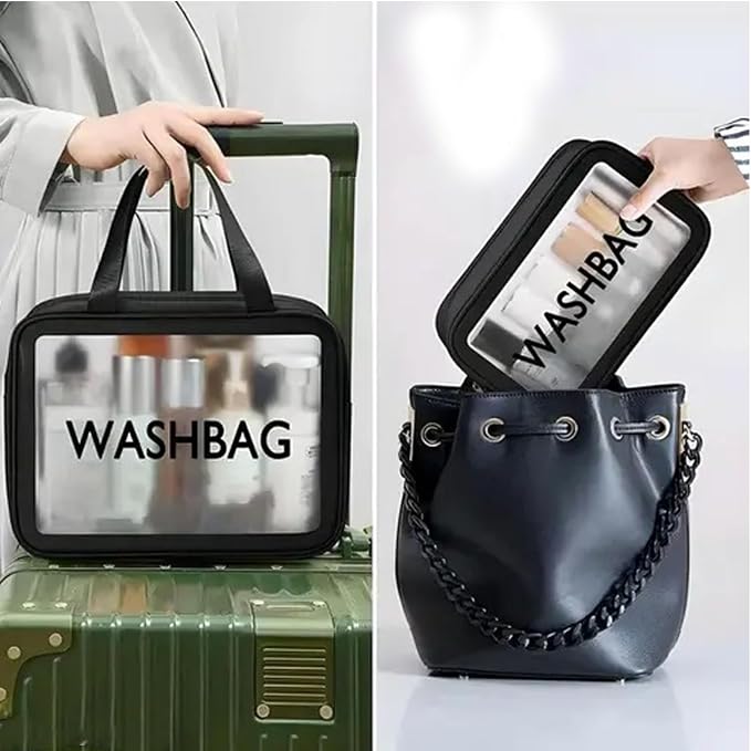 Washbag Toiletry Kit Organizer for Travel – Waterproof Cosmetic & Makeup Pouch Set of 3 (Large, Medium, Small) – Transparent Travel Wash Bag for Men & Women, BLACK, Unisex Style – Perfectly designed - Image 2