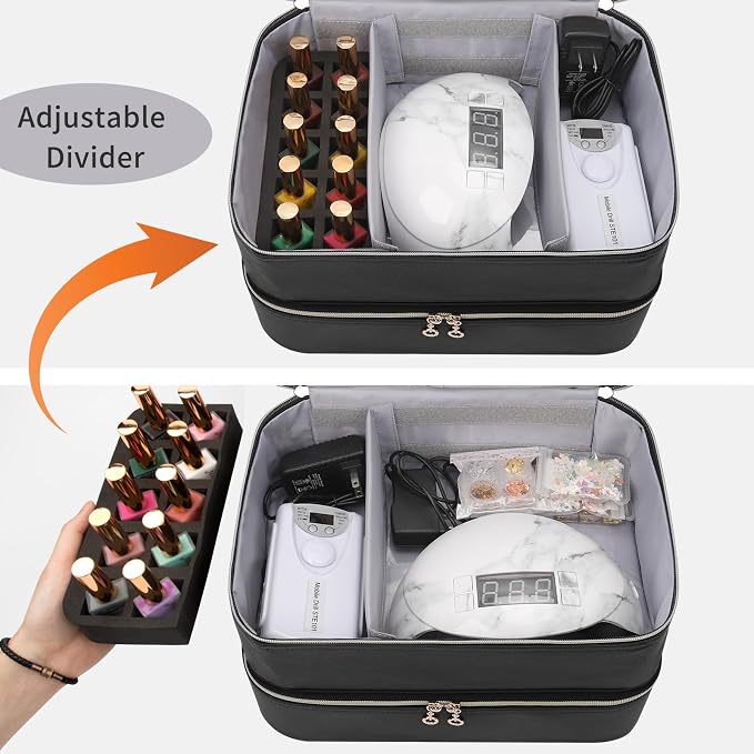 Ethereal Nail Polish Organizer Case, Leather Nail Polish Bag Holds 50+ Bottles (5ml/0.5fl.oz) and Nail Lamp, Nail Storage Organizer with Compartment, Leather Black - Image 3