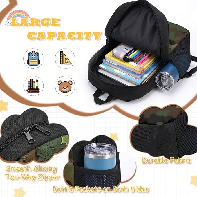 GIFTPUZZ 4 Piece Hunting Camo Deer Fish American Flag Backpack Set for Kids | Patriotic Bookbag with Lunch Box for Boys Elementary School, Zip up Pencil Pouch, Water Bottle Sleeve, Summer Camp, Ages 6-8 - Image 3