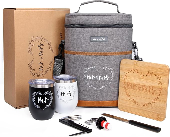 Hap Tim Wedding Gifts for Couples, Bridal Shower Gifts, Engagement Gifts for Newlyweds, Mr and Mrs gifts - Wine Cooler Bag Insulated Wine Carrier Tote with Tumblers, Bamboo Cheese Borad by HapTim