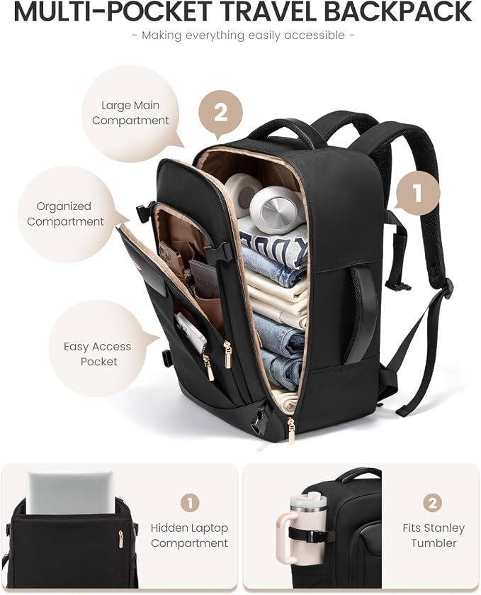 LOVEVOOK 40L Travel Backpack for Women Men, Large Carry on Backpack for Airplanes TSA Personal Item Travel Bag fits 15.6" Laptop, Waterproof Weekender Essentials Airline Approved with 2 Packing Cubes - Image 5