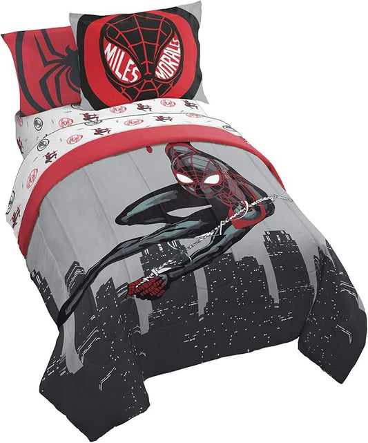 Marvel Miles Morales Queen Comforter Set 7 Piece Kids Bedding, Gray | Spiderman, Bed in a Bag, Comforter Sheets Shams Pillowcases, Official Brand, Soft Microfiber, Machine Washable, Boys Gift by JayFranco