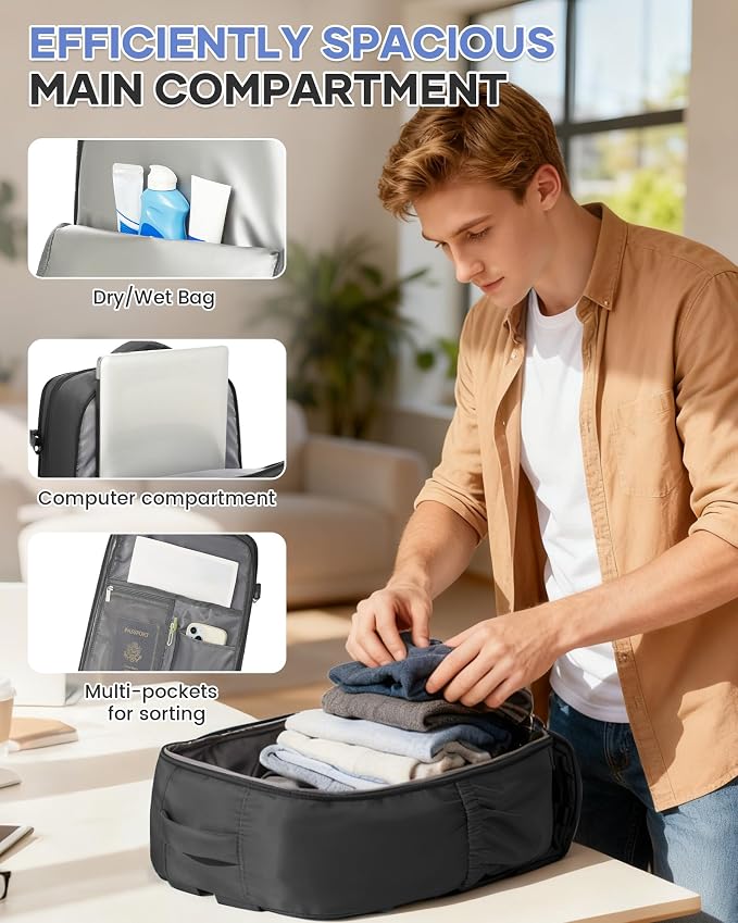 Large Carry on Travel Backpack Women Men,Hiking Gym Waterproof Outdoor Sports Rucksack Casual Daypack Laptop Backpack Personal item Travel Bag Airplane Essentials Spirit Airline Flight Approved,Black - Image 7