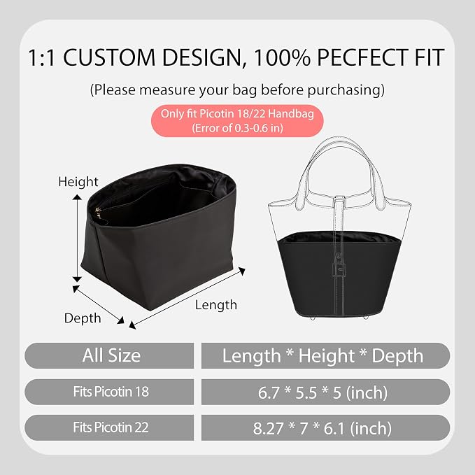 Picotin 22 Bag Insert Premium Nylon, Luxury Smooth Picotin 22 Purse Organizer Insert with Zipper Pockets, Smooth Zipper Inner Liner for Women's Handbags (PC22, Black) - Image 2
