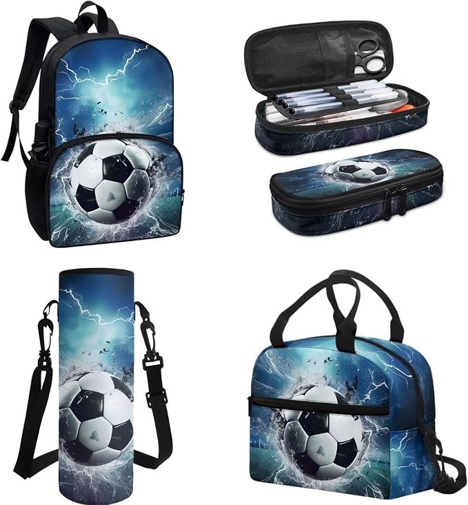 Boys Soccer Football Blue Lightning Galaxy Book Bag Set 4 In 1 Schoolbag Carry on Backpack Large Capacity Daypack Knapsack Rucksack Insulated Lunch Bag Aesthetic Cosmetic Makeup Bag - Image 2
