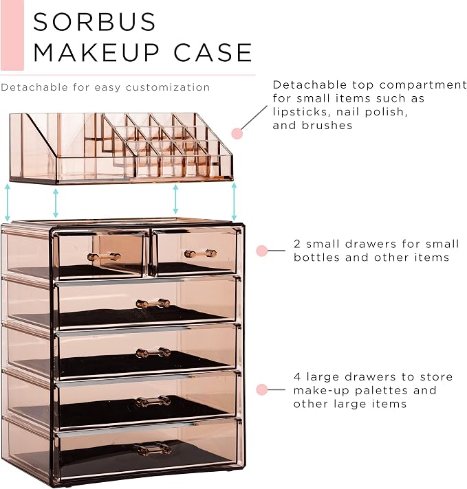 Sorbus Acrylic Makeup Organizer Set, 6-Drawer Vanity & Countertop Cosmetic Storage with Small & Wide Compartments, Bronze Glow Makeup Storage for Brushes, Jewelry – Holiday Gift for Women & Teens - Image 4