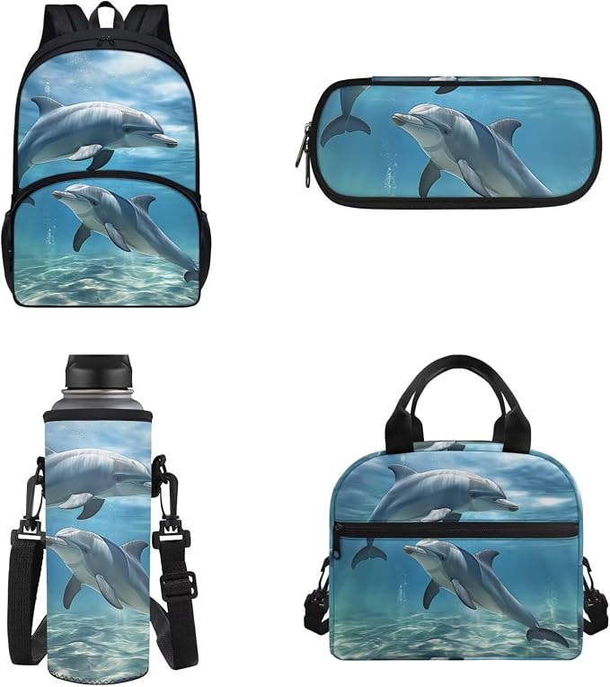 POLERO Cute Dolphin Backpacks for Girls Boys Kids Kindergarten Elementary Preschool Middle Kids School Bags with Lunch Box by WelcometoPOLERO