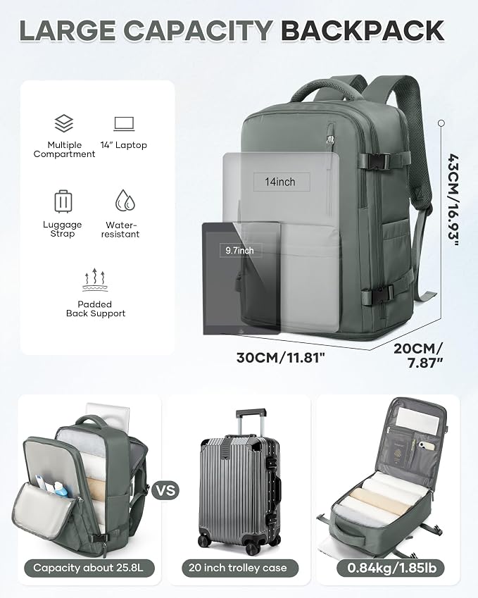 Large Travel Backpack for Women Men Airplanes Carry On Laptop Waterproof Hiking Backpack Person Item Flight Approved Outdoor Sports Rucksack Casual DaypackMochila De Viaje Gym traveling bag Green - Image 5