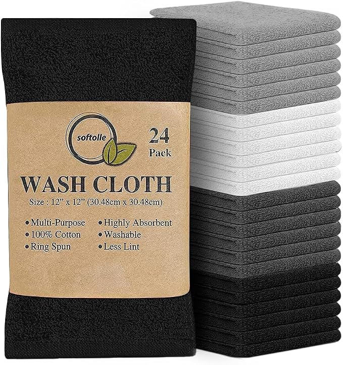 100% Cotton Washcloths 24 Pack (12x12 Inches) Soft, Highly Absorbent Washcloth, Face Towels, Wash Cloths for Face, Ring Spun, Bulk Pack (White/L.Grey/D.Grey/Black) by Softolle
