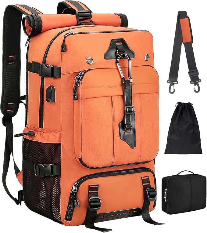 Travel backpack for men,40L Large Carry on Backpack Durable Convertible Duffle Bag with Shoe Compartment Fit for 16 Inch Laptop for travel, camping,Weekender Hiking Orange by SWICKYRICOO