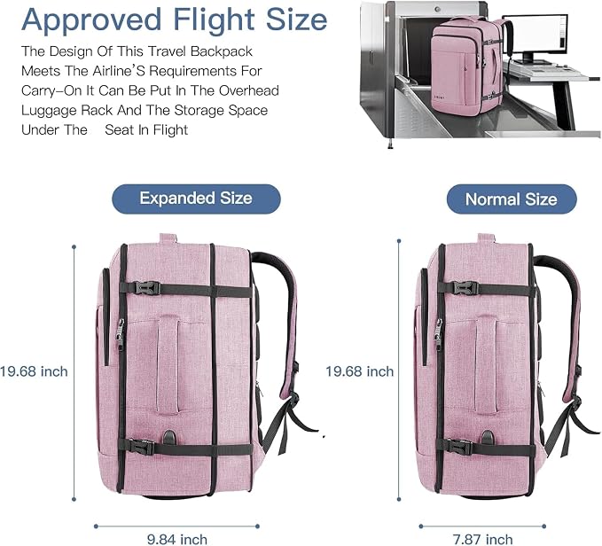 Carry On Backpack, 40-50L Travel Backpack for Men & Women, Expandable Backpack For Airplanes, 17 Inch Laptop Backpack, Luggage Suitcase 40L Daypack Lightweight Business Weekender Bag, Light Pink - Image 4