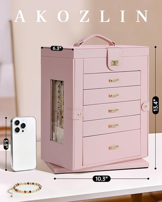 AKOZLIN 6-Tier Jewelry Box Organizer Functional 5 Drawers Leather Jewelry Storage Case for Women Girls Ring Necklace Earring Bracelet Holder Organizer with Mirror XL Pink 360° Rotating - Image 2