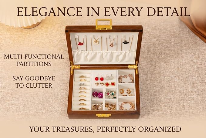 Solid Black Walnut Jewelry Box with Lock and Key Large Capacity Vintage Wooden Organizer for Women and Men Ring Necklace Earring Cufflink Storage Removable Dividers Gift for Christmas - Image 3