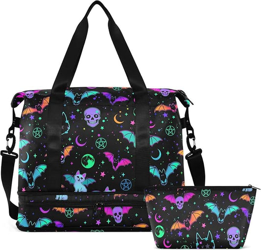 Travel Duffel Tote Bag Magic Skulls Bat and Animal Sports Duffel Bag with Wet Pocket Weekender Overnight Bag for Women Men Gym Bag, Carry On Bag Hospital Bag for Labor and Delivery by MNSRUU