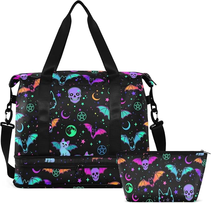 Travel Duffel Tote Bag Magic Skulls Bat and Animal Sports Duffel Bag with Wet Pocket Weekender Overnight Bag for Women Men Gym Bag, Carry On Bag Hospital Bag for Labor and Delivery - Image 8