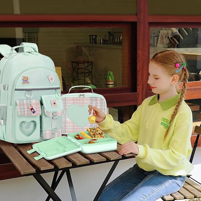 ACESAK Girls Backpack - Bento Box with Insulated Lunch Bag Pencil Case & Utensils Set for Kids, 6 Leakproof Compartments Removable Tray Lunches or Snack Container for School (Green) - Image 7