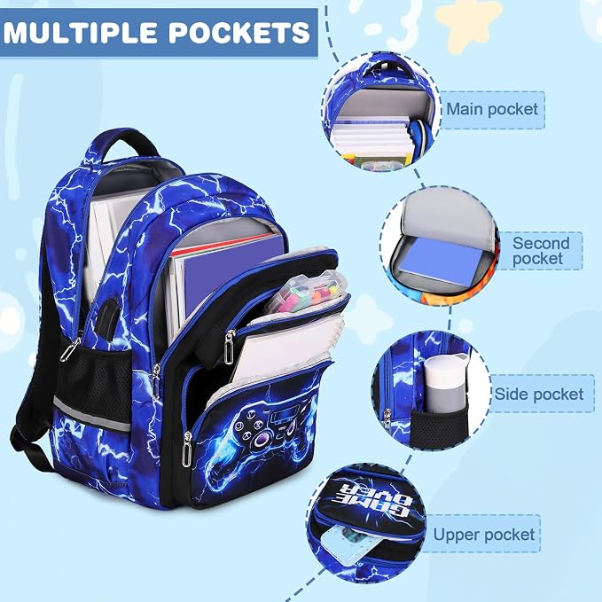 Bevalsa Backpack for Boys, School Bags for Kids, Bookbag for Boys Children Teens Backpacks for Elementary Middle High School Student, Bookbag and Lunch Bag Set with USB Charging Port (Lightning) - Image 3