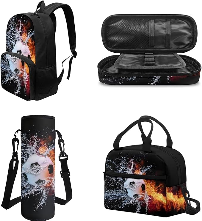 POLERO Boys Soccer School Backpack with Lunch Box Set Elementary Preschool Kindergarten Kids Pencil Case Water Bottle Holder Cover - Image 3