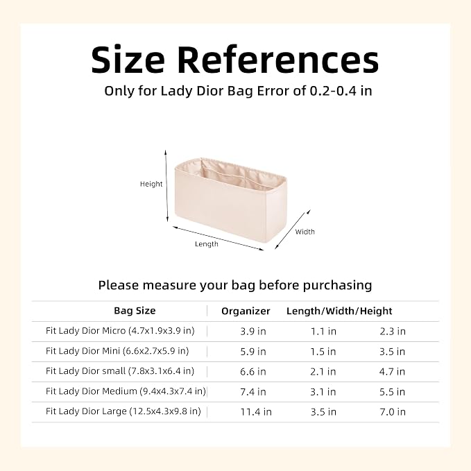 DGAZ Silk Purse Organizer Insert For Lady-Dior Micro/Mini/S/M/L bags，Silky Smooth Bag Organizer，Luxury Handbag & Tote Shaper（Craie，Mini） | Soft and Lightweight,Perfect Fit,Multi-pocket Storage,Bag Protector,Luxury Bag Care,Handmade,for Smooth Bag Organ... - Image 6