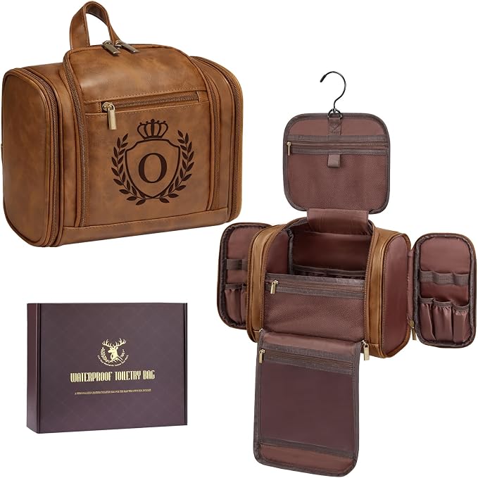Personalized Mens Large Leather Travel Toiletry Bag Hanging Dopp Kit Grooming with Laser Engraved Initials, Custom Monogrammed Gifts for Groomsmen Groom Boss Friend Brother, Mustard Letter O by Aganmi