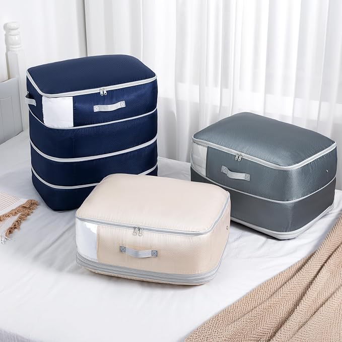 Comforter Storage Bag - Large Capacity Blanket Storage Bags 4-Layer Ultra Space Saving Self Compression Organizer, Washable Compression Bags for Storage Comforter Blanket, 2-Pack, Navy Blue - Image 5