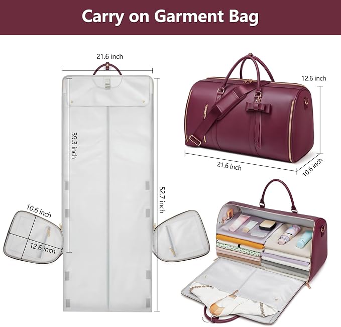 Garment Bags for Travel, Convertible Suit Travel Bag for Women, Cute Carry On Garment Bag w/Shoes Pouch, 2 in 1 Foldable PU Leather Hanging Duffle Bag, Single-Zipper Design, Sangria - Image 3