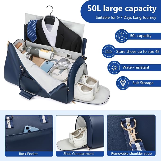 Leather Garment Bags for Travel, Convertible Carry on Garment Duffel Bag for Men, 2 in 1 Waterproof Foldable Travel Suit Bag with Shoulder Strap Weekender Bag with Shoe Pouch, Blue - Image 3