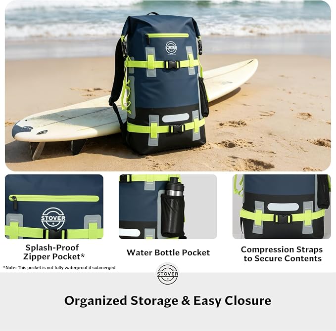 STOVER 30L Waterproof Dry Backpack & Phone Case - X-Large Floating Dry Bag for Kayaking, Travel, Hiking, Fishing, Camping, Motorcycles & Beach, Heavy-Duty Roll Top Men/Women (Navy Blue/Black/Green) - Image 6