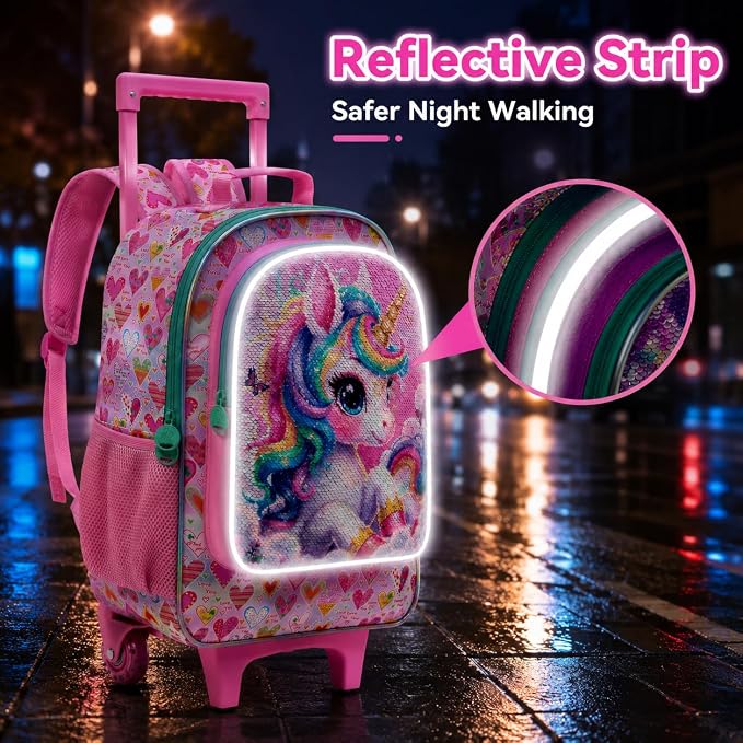 AGSDON 3PCS Rolling Backpack for Girls Boys, Kids Roller Wheels Bookbag, Wheeled School Bag with Lunch Bag - Image 4