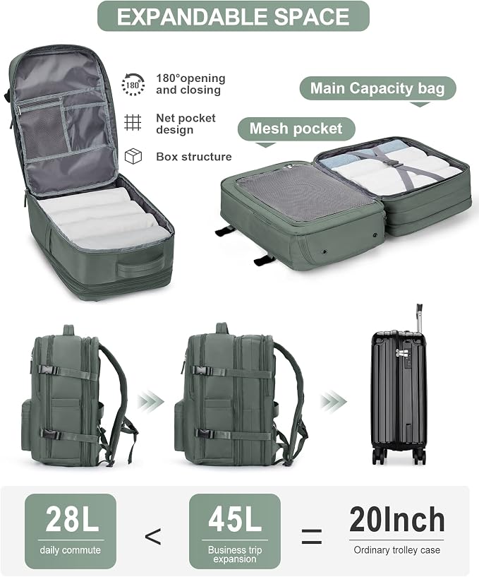 Large Travel Laptop Backpack, Expandable Flight Approved Backpack, Carry on Backpack for Women, Waterproof 17inch Laptop Hiking Backpack with Shoe Compartment, Dark Green - Image 7