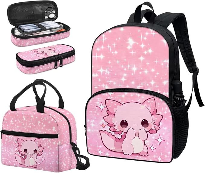 Star Axolotl School Backpack for Girls, 3Pcs Students Backpack, Elementary Bookbag Sets with Lunch Box Pencil Case for School - Image 6