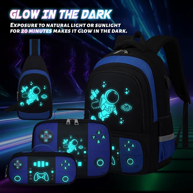 Bevalsa Backpack for School Boys, Cool Luminous Gamer Boys Schoolbag with Sling Bag,Lunch Box & Pencil Case for Kids Children Teens Elementary Middle School(Blue Astronaut Backpack with Shoulder Bag) - Image 3