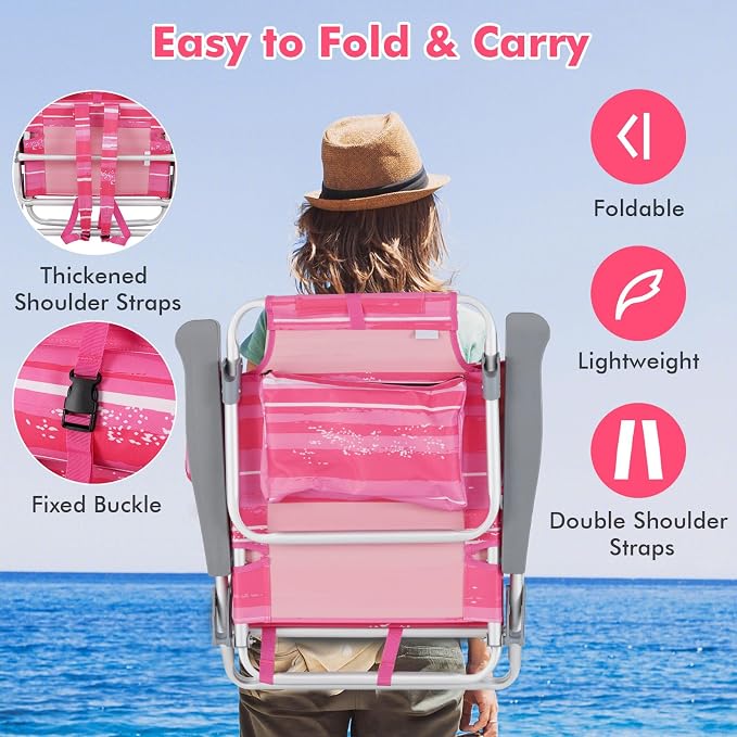 Giantex Folding Beach Chair, Patio Sling Chairs with 5 Adjustable Position, Head Pillow, Storage Bag, Towel Bar, Cup Holders, Backpack Chairs for Sunbathing, Camping Chair - Image 6