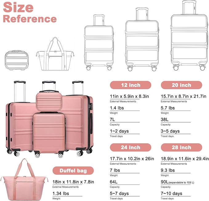 Kono Suitcase Set 2 Piece Carry On with Tote Bag | Lightweight PC+ABS Hardside Luggage with TSA Lock Spinner Wheels Nude/Rose Pink - Image 8