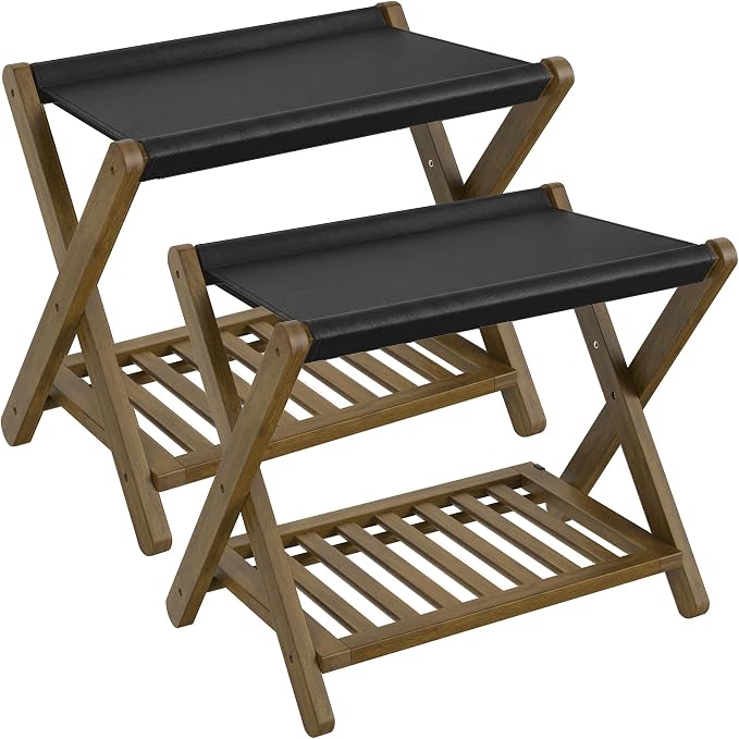 SONGMICS Bamboo Luggage Racks, Foldable Suitcase Stand, Luggage Holder with Storage Shelf, Synthetic Leather, Fully Assembled, Wipe-Clean, for Guest Room, Hotel, Bedroom, Set of 2, Walnut Brown URLR040KZ01 by SONGMICSbySONGMICSHOME