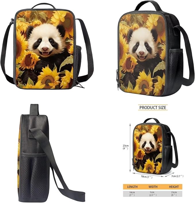 Sunflower Panda Print Backpack Set Schoolbag Boys Girls Large Backpacks Lunch Box Pencil Case 17 Inch Travel Laptop Computer Backpacks Rucksack Daypack with Ergonomic Straps - Image 4