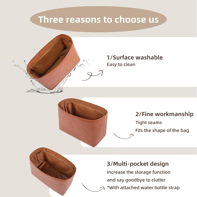 Lightweight Bag Insert, Waterproof Surface and Silky Satin Interior, Fits Artois MM (With Zipper and Bottle Holder, Brown) | Bottle Holder and Side Zip, Smooth Satin Interior, Easy-Care Outer Surface, Multiple Color Options, Structured Yet Flexible - Image 4