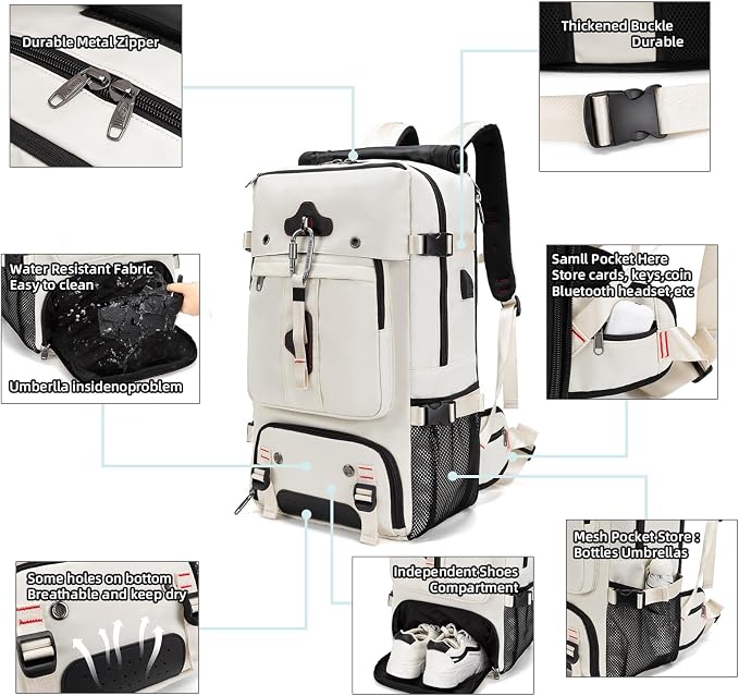Backpack for Traveling On Airplane,Expandable Carry On Laptop Backpack for Men and Women,Outdoor Travel Bag,White - Image 3