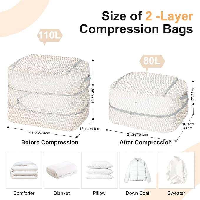 Comforter Storage Bag - 110L Large Capacity Blanket Storage Bags 2-Layer Ultra Space Saving Self Compression Organizer, Washable Compression Bags for Storage Comforter Blanket, 4-Pack, Beige - Image 2