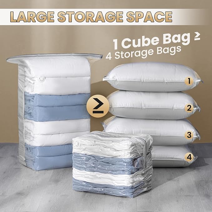 TAILI 6 Pack Vacuum Storage Bags, Cube Space Saver Bags Combo (3 Jumbo +3 Medium), Vacuum Seal Bags for Bedding, Clothing, Comforters, Blankets, No Pump Compression Cube, 2 Size, Cream - Image 4