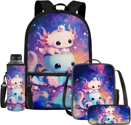 4-in-1 Kids School Backpack Set, 20+ Cute Octopus & Axolotl Designs for Girls, 17'' Bookbag with Insulated Lunch Box, Pencil Case & Water Bottle Holder, Schoolbag Gift for Kids Age 6-12 by Dremagia