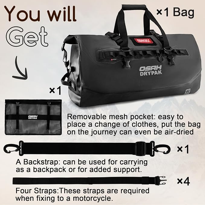 OSAH DRYPAK Waterproof Duffel Bag 25L/40L/60L – Heavy-Duty Motorcycle Tail Bag, Roll-Top Dry Bag for Travel, Camping, Boating, Kayaking, Outdoor Adventure - Image 8