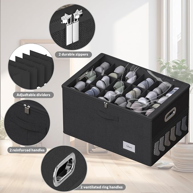 2 Pack Shoe Organizer for Closet Large Shoe Box Storage Containers with Clear Window Space Saving Shoe Bin with Foldable Bottom Support Adjustable Dividers Fits 36 Pairs (Black, (24.4*16.5*13inch)x2) - Image 6